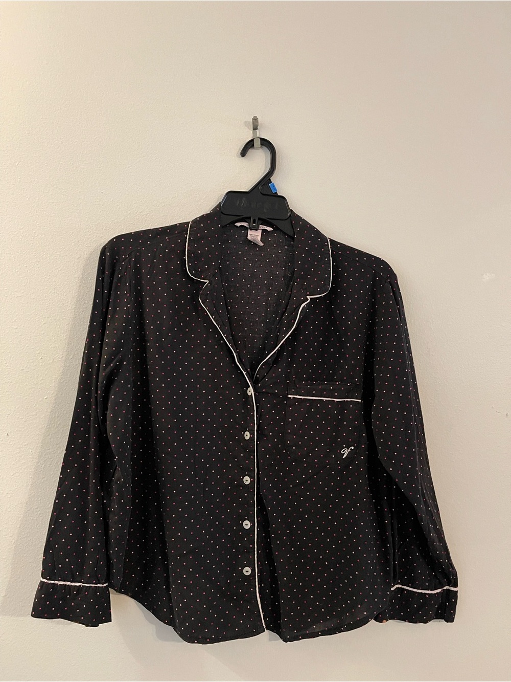 Victoria's Secret Black Pajama Button-Up with Pink Polka Dots and White Piping